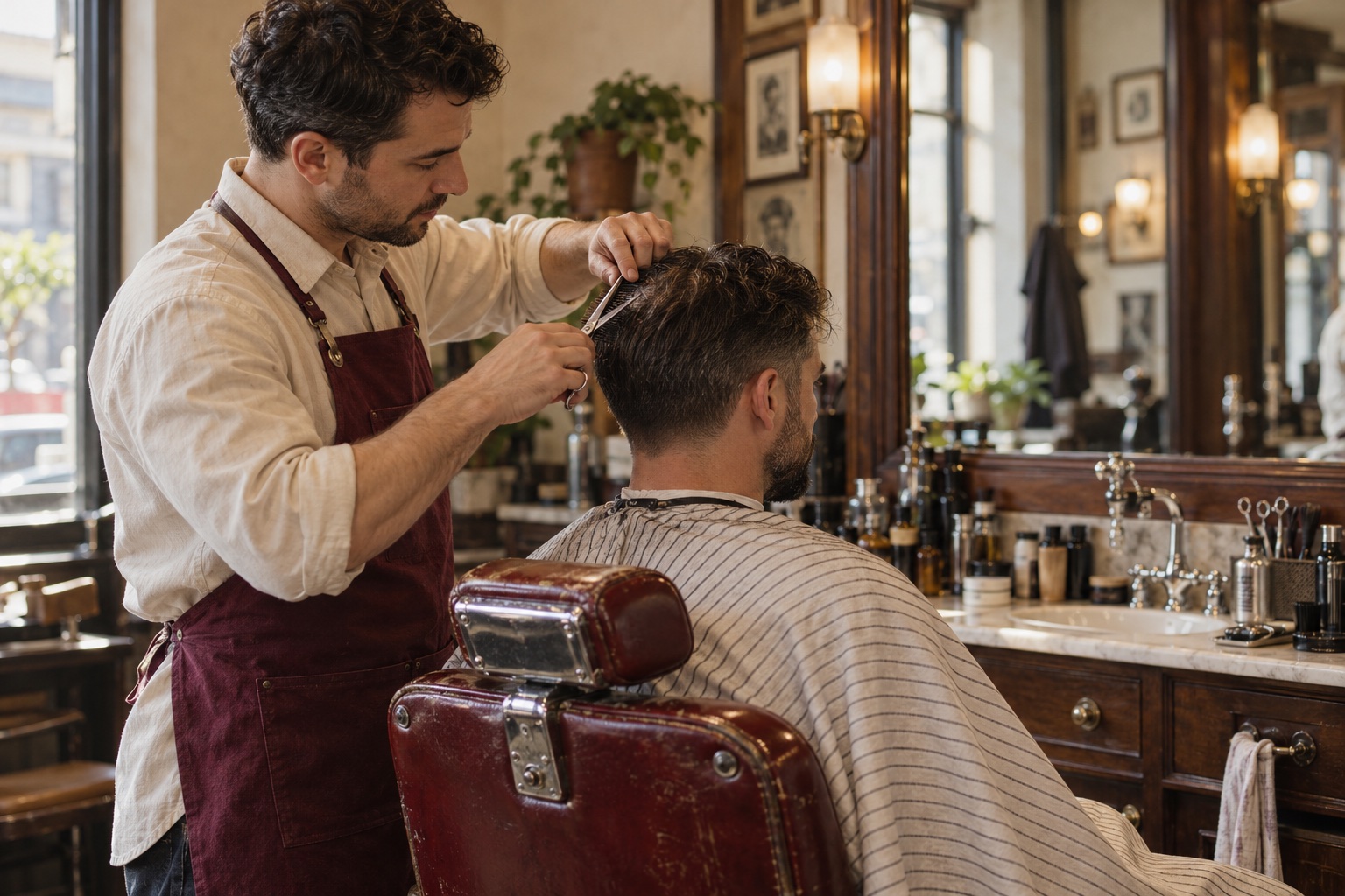 A barber carefully finishing a client’s haircut in a warm neighbourhood shop