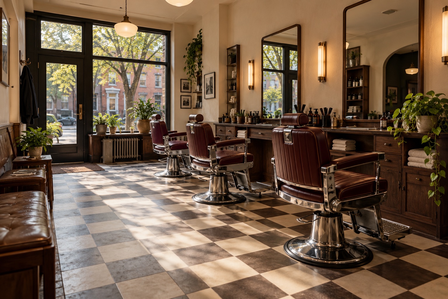Burgundy barber chairs, walnut stations and checkerboard flooring in the fictional Chair and Co shop